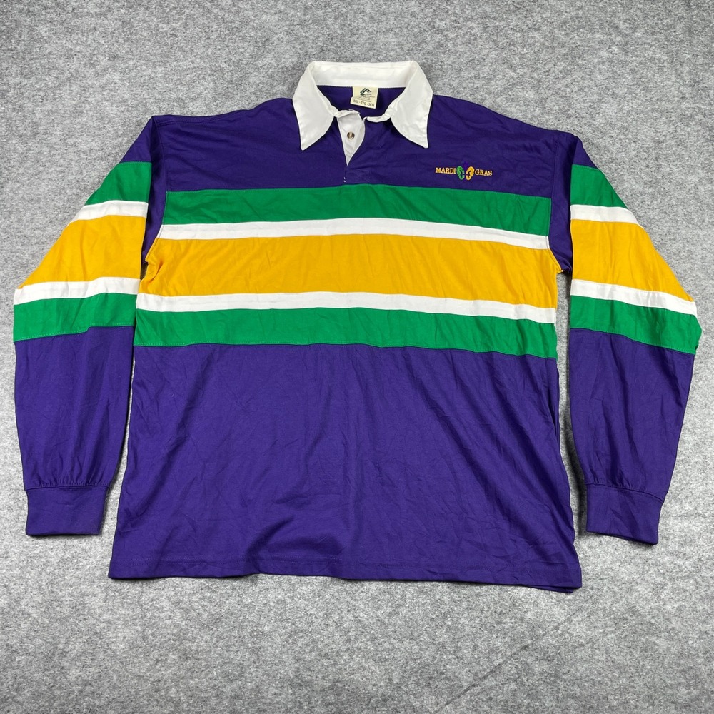 Vintage Classic Mardi Gras Rugby Shirt Mens 3XL Purple Gold Fleur De Lis Striped